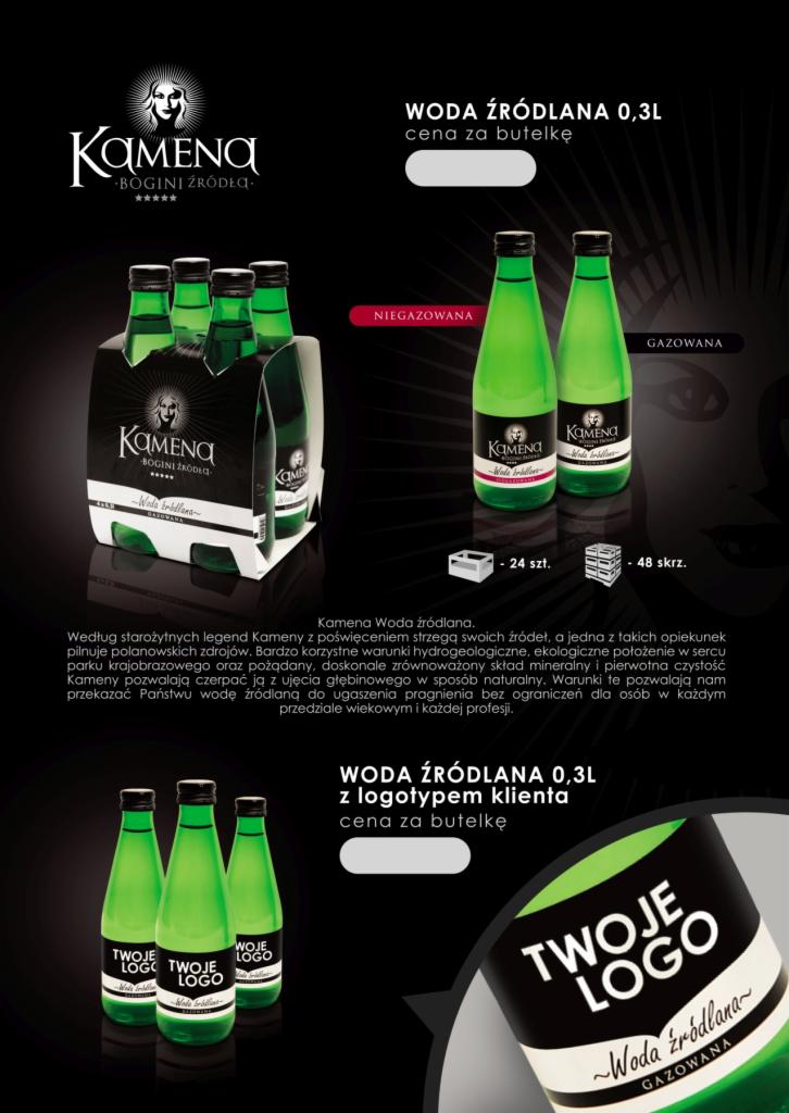 Wizualizacja oferty wody źródlanej Kamena w szklanych butelkach 0.3L, wersje gazowana i niegazowana, oraz opcja personalizacji z logotypem klienta.