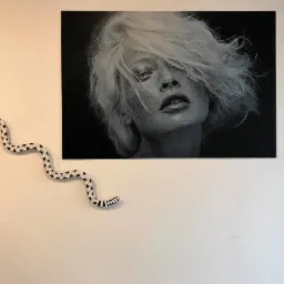 Czarno-biały portret kobiety z piegami, wydrukowany na sztywnym podłożu i wiszący na białej ścianie obok dekoracji w kształcie węża.