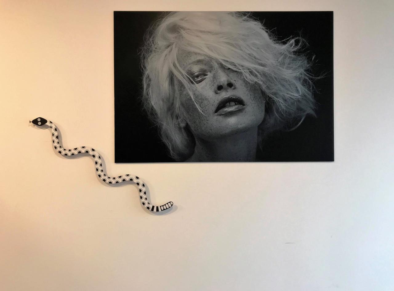 Czarno-biały portret kobiety z piegami, wydrukowany na sztywnym podłożu i wiszący na białej ścianie obok dekoracji w kształcie węża.