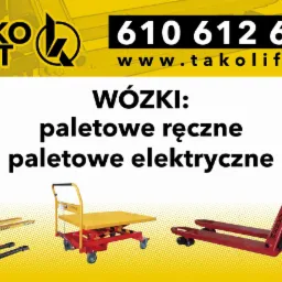 Reklama firmy Tako Lift prezentująca różne typy wózków paletowych i widłowych na białym tle z logiem i danymi kontaktowymi.