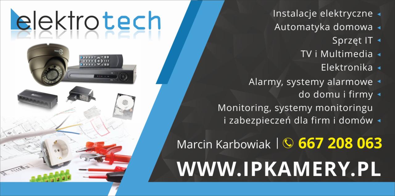Zdjęcie reklamowe firmy Elektrotech z kamerą przemysłową, rejestratorem, zasilaczem, rozdzielaczem, dyskiem twardym, elementami instalacji elektrycznej oraz narzędziami na tle schematów elektrycznych.