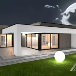 Wizualizacja domu jednorodzinnego z płaskim dachem, dużymi przeszkleniami i oświetleniem ogrodowym w kształcie kul, na tle nocnego nieba z księżycem.