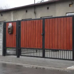 Dwuskrzydłowa brama wjazdowa z wypełnieniem z pionowych desek w kolorze ciepłego brązu, osadzona w czarnej, metalowej ramie z ozdobnymi prętami u dołu, z brązową skrzynką na listy po lewej stronie,...