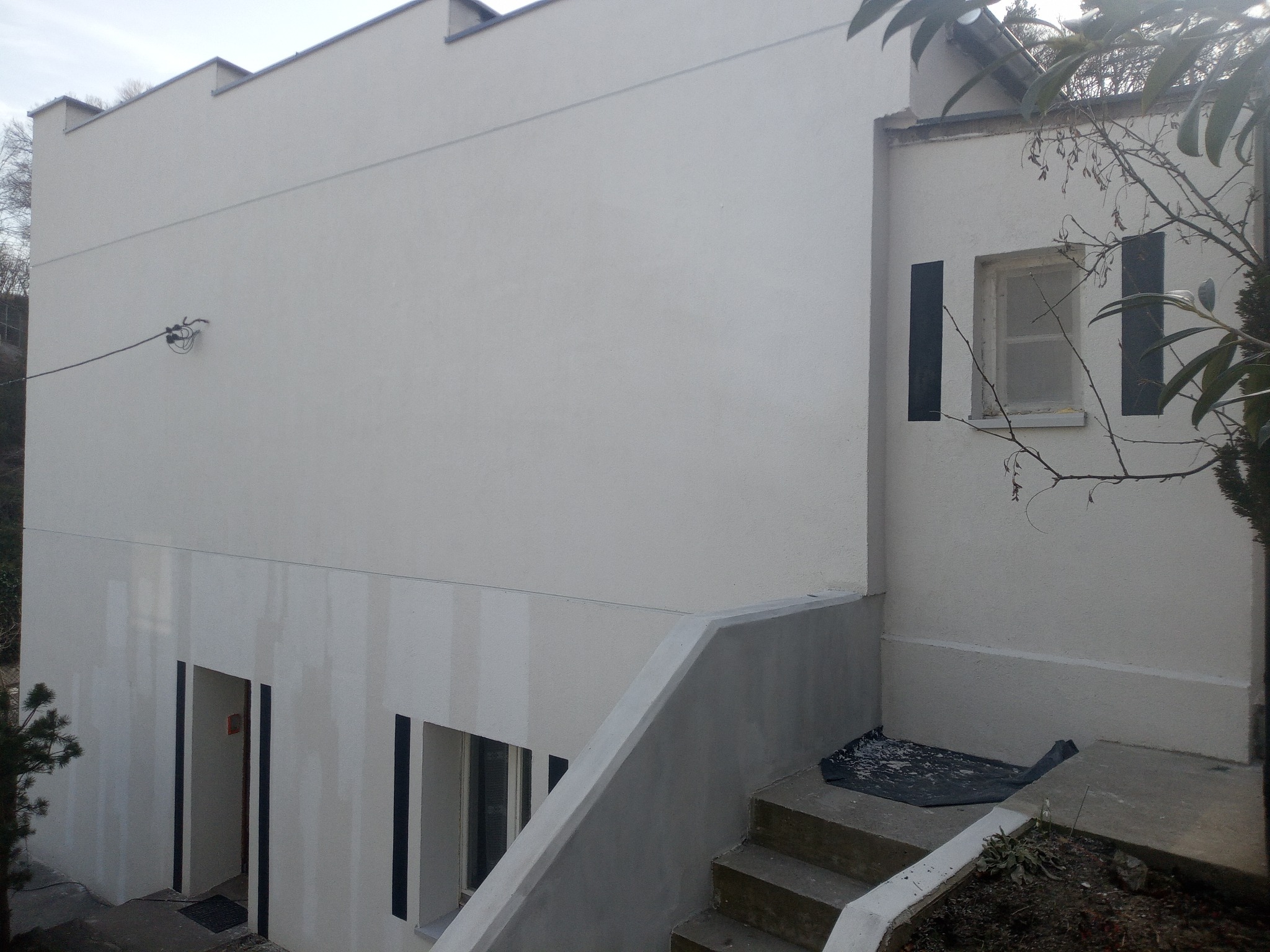 Elewacja budynku po malowaniu na biało, widoczne schody wejściowe i fragment ogrodu. Minimalistyczny styl, czarne obramowania okien.