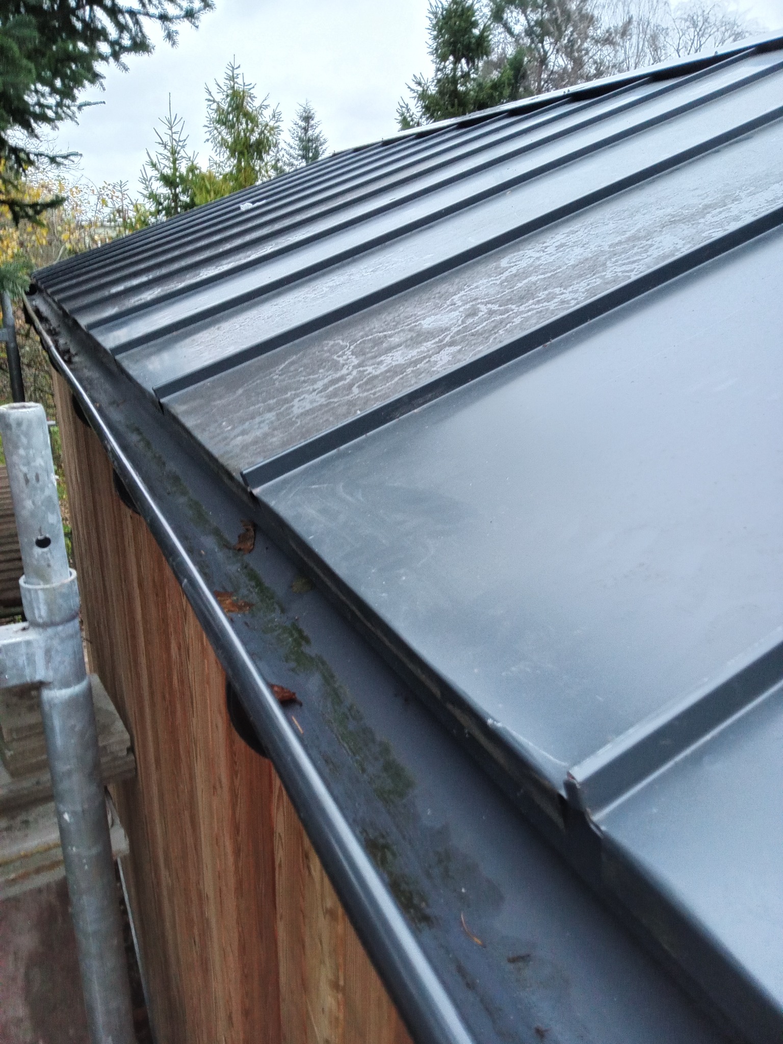 Szary dach z blachy trapezowej z rynną, widok z dołu pod kątem. Na dachu widoczne ślady po deszczu. Obok dachu widoczna drewniana ściana budynku i fragment rusztowania.