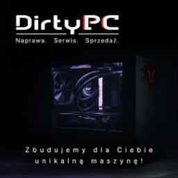 Czarny komputer stacjonarny z podświetleniem RGB, widoczna karta graficzna MSI GeForce RTX, chłodzenie wodne NZXT i logo firmy DirtyPC, napis 'Zbudujemy dla Ciebie unikalną maszynę!'