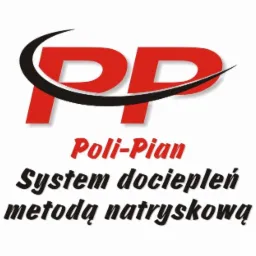 Logo firmy Poli-Pian System dociepleń metodą natryskową z czerwonymi literami PP i czarnym łukiem nad nimi.
