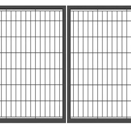 Ad- Mat - Dwuskrzydłowa, nowoczesna brama wjazdowa z metalową siatką i prostymi słupkami, prezentowana na białym tle. Minimalistyczny design, symetryczny układ.