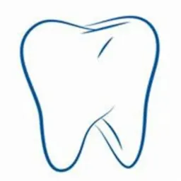 Stylizowany rysunek zęba w kolorze niebieskim na białym tle.