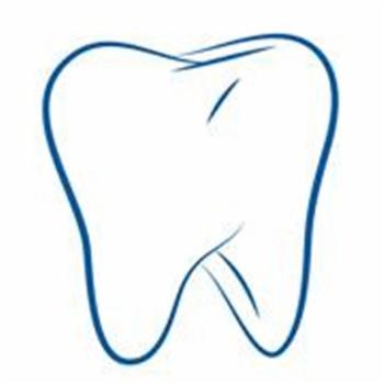 Stylizowany rysunek zęba w kolorze niebieskim na białym tle.