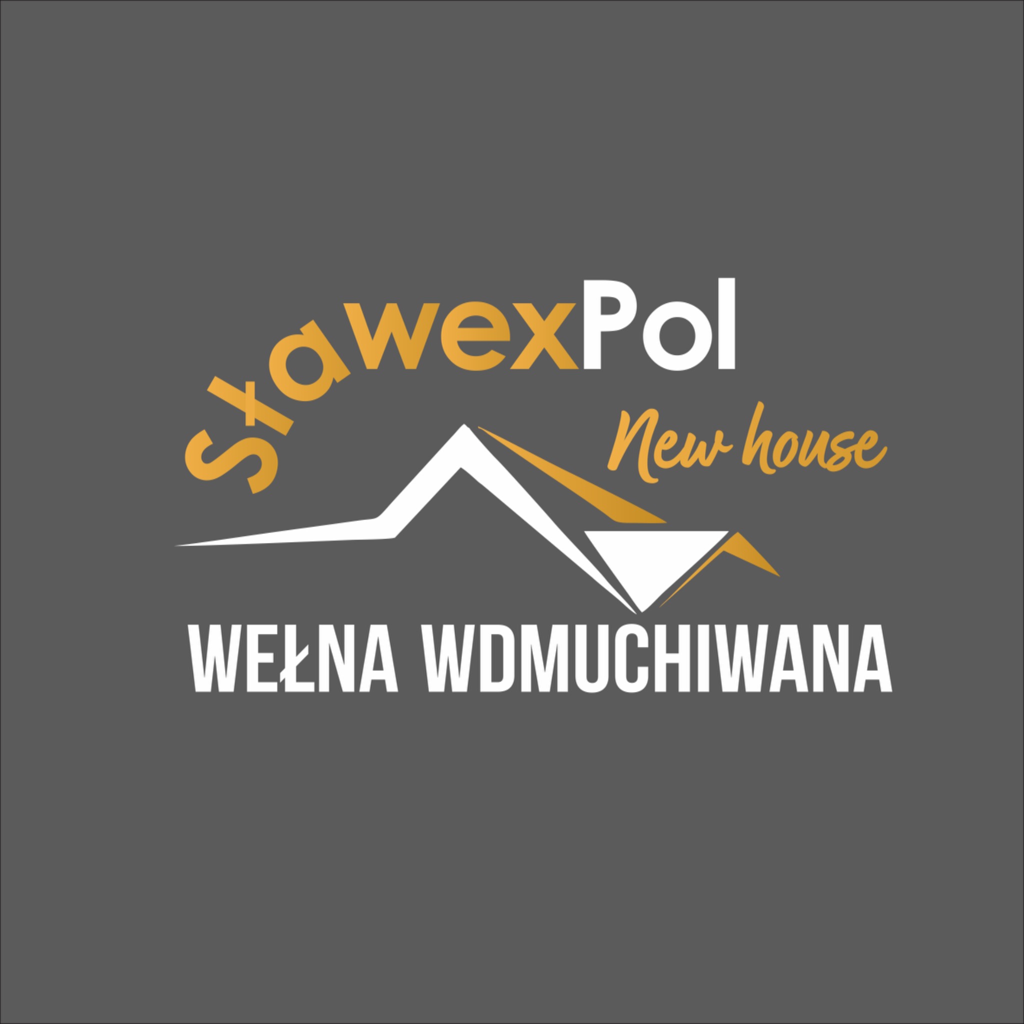 Logo firmy StawexPol New House, prezentujące stylizowany zarys domu i napis 'Wełna Wdmuchiwana' na szarym tle.