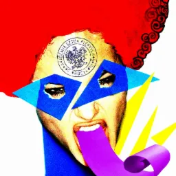 Awangardowa kompozycja graficzna: Twarz kobiety z czerwonym afro, zasłonięta niebieskimi trójkątami, z ust wystaje fioletowa wstążka, a na czole widnieje stempel Akademii Sztuk Pięknych.