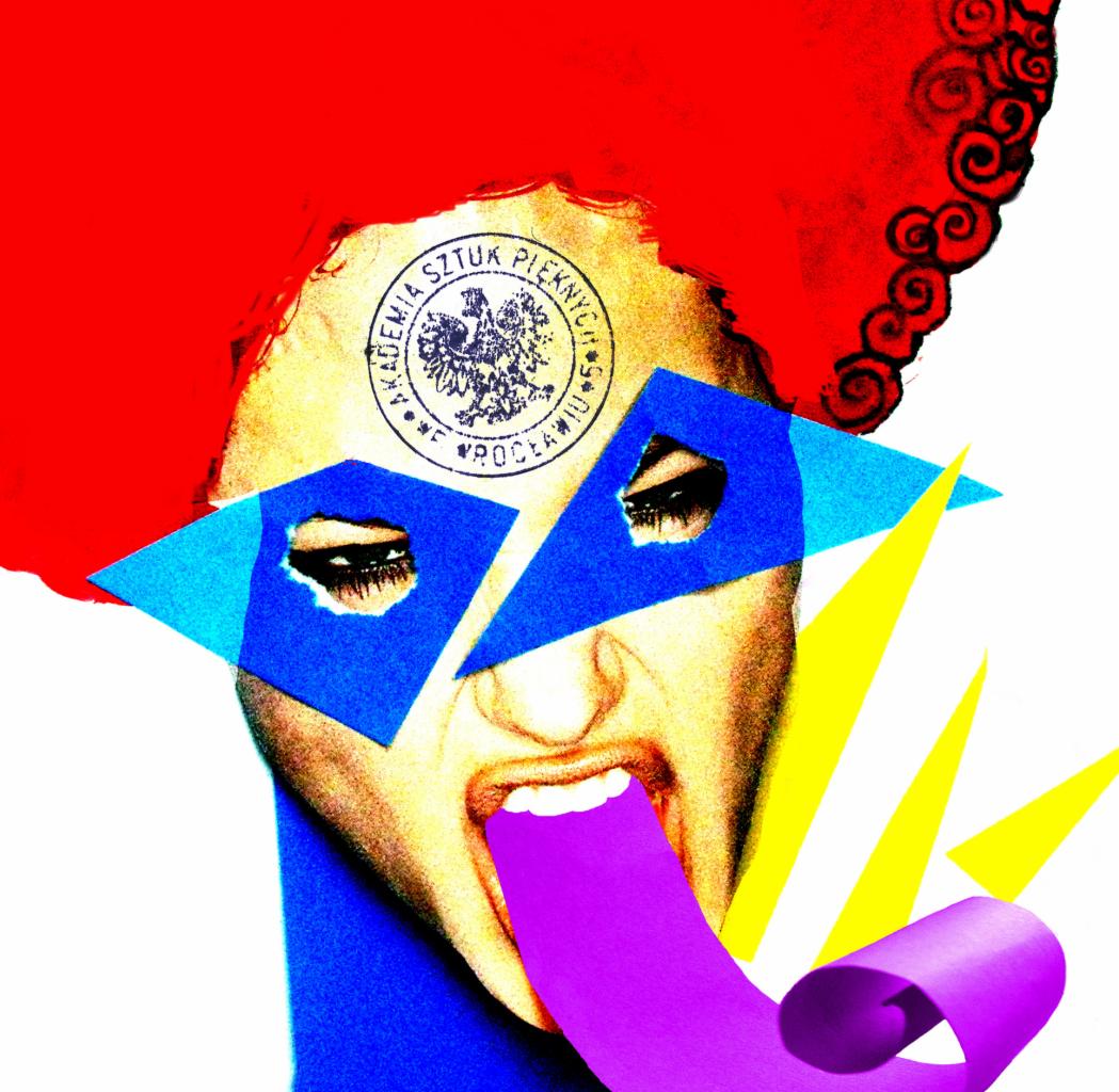 Awangardowa kompozycja graficzna: Twarz kobiety z czerwonym afro, zasłonięta niebieskimi trójkątami, z ust wystaje fioletowa wstążka, a na czole widnieje stempel Akademii Sztuk Pięknych.