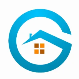 Niebieski okrąg z motywem domu w środku, symbolizujący literę 'G'. Dach w kolorze niebieskim, okna w odcieniach pomarańczy i brązu. Logo firmy.