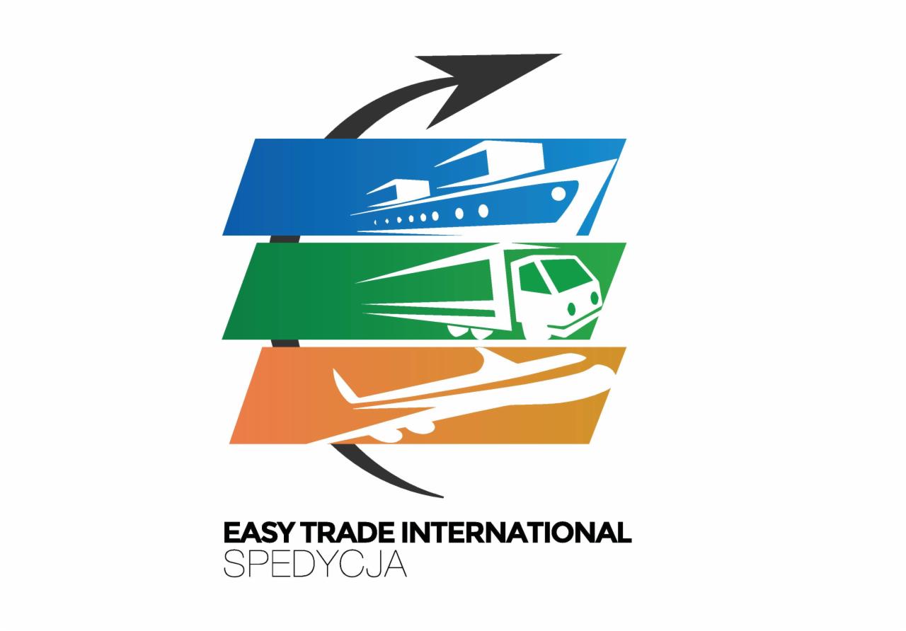 Logo firmy spedycyjnej Easy Trade International przedstawiające schematycznie statek, ciężarówkę i samolot na kolorowych pasach, połączone strzałką symbolizującą globalny zasięg.