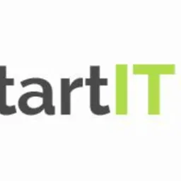 Logo firmy StartIT z nazwą w kolorze szarym i elementami graficznymi w kolorze zielonym po prawej stronie.