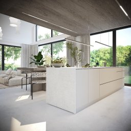 emwe studio architektury - Jasna kuchnia z wyspą, minimalistyczne oświetlenie liniowe, duże okna z widokiem na zieleń, sofa w tle.