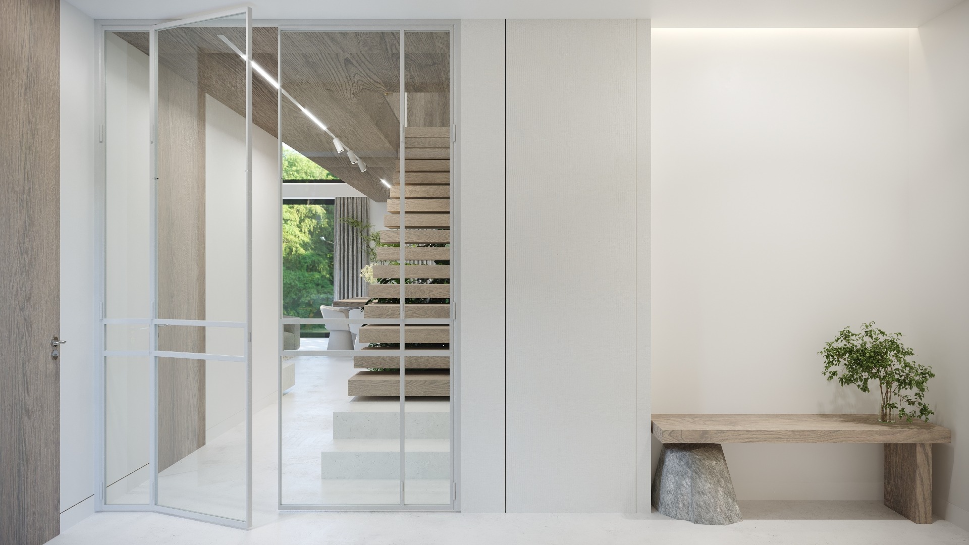 Minimalistyczne wnętrze: drewniane schody z roślinami widoczne przez szklaną ścianę, obok biała ściana z drewnianą ławką na kamiennej podstawie i małą rośliną.