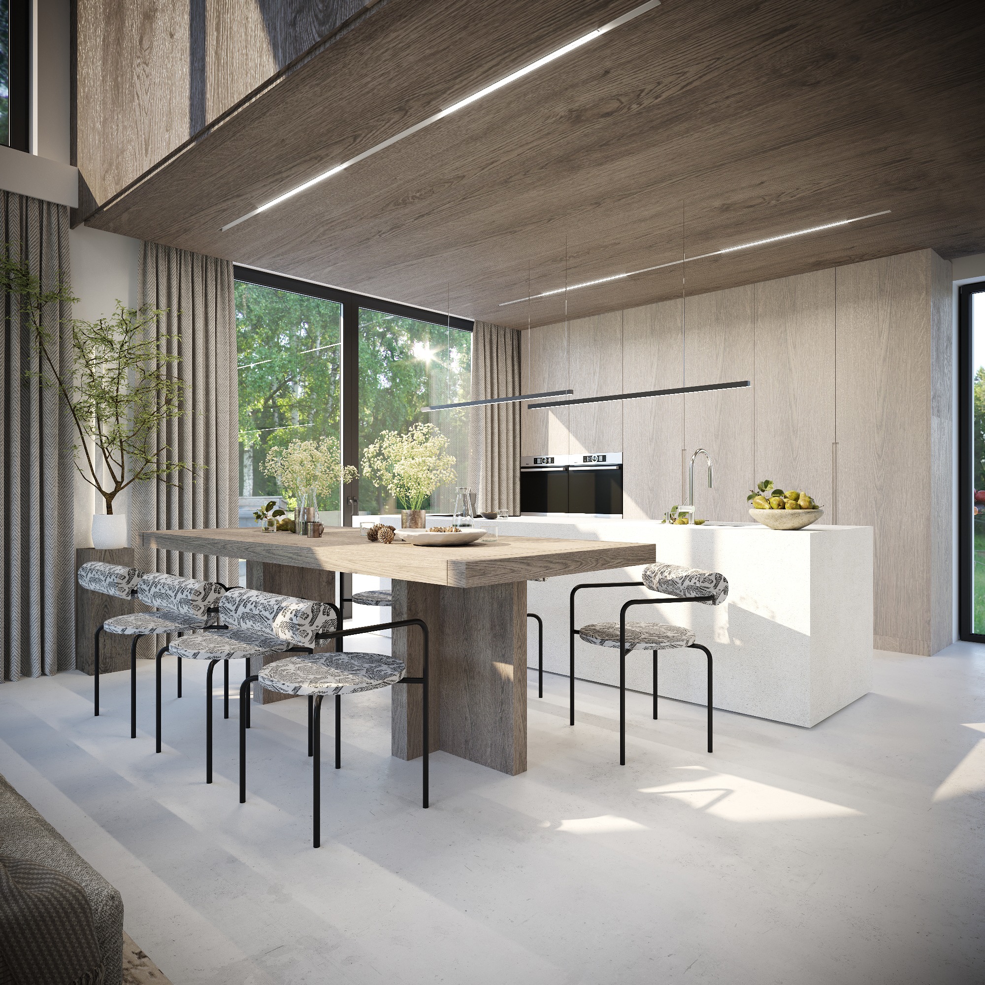 Jasne, nowoczesne wnętrze jadalni z drewnianym stołem, krzesłami tapicerowanymi w czarno-biały wzór, minimalistyczną kuchnią w tle i dużymi oknami z widokiem na zieleń.