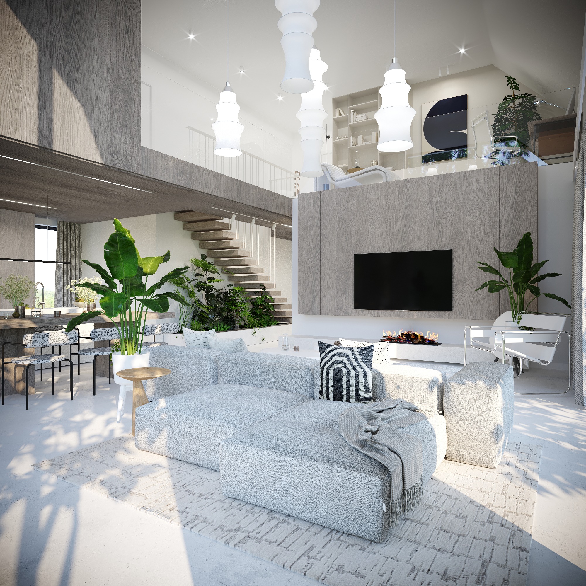 Jasne, przestronne wnętrze z szarym narożnikiem, drewnianą ścianą z telewizorem i schodami, doświetlone wiszącymi lampami i roślinami doniczkowymi.