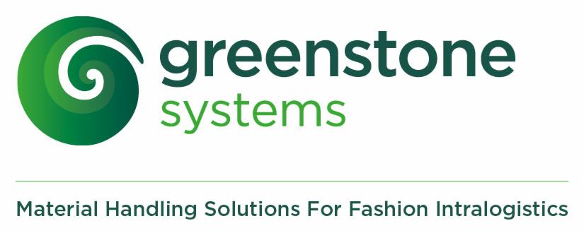 Logo firmy Greenstone Systems z zielonym spiralnym symbolem i napisem Material Handling Solutions For Fashion Intralogistics.