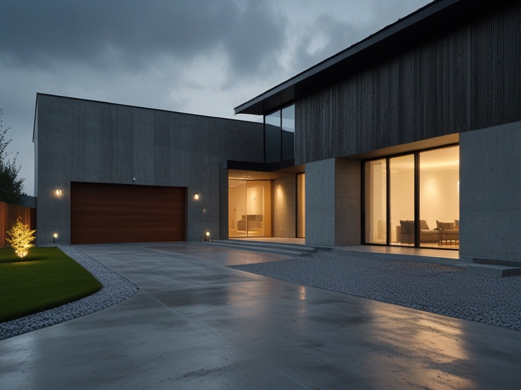 Nowoczesny dom jednorodzinny z płaskim dachem i garażem, oświetlony z zewnątrz, z widocznym fragmentem trawnika i podjazdem wyłożonym drobnym żwirem, sfotografowany o zmierzchu.