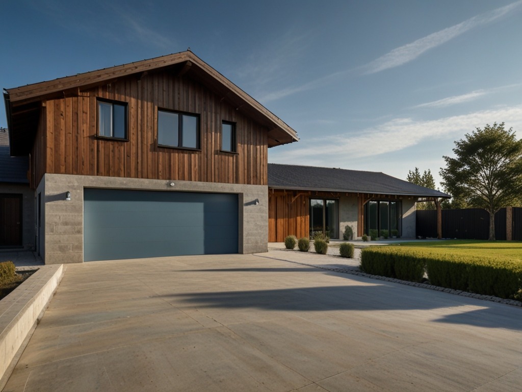 Nowoczesny dom jednorodzinny z drewnianą elewacją, betonowym parterem i garażem z szarą bramą, otoczony zadbanym trawnikiem i niskimi krzewami.