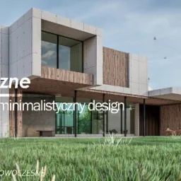 Nowoczesny dom z betonu architektonicznego i drewna z dużymi przeszkleniami, widok z zewnątrz na tle zieleni