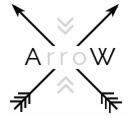 Stylizowany logotyp z czterema strzałkami skierowanymi na zewnątrz i napisem 'Arrow' pośrodku, utrzymany w czarno-białej kolorystyce.