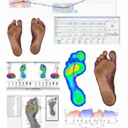 Zestawienie wyników badania stóp: skany termiczne, wykresy nacisku, analiza biomechaniczna, w tym widok podeszwowy stóp pacjenta.