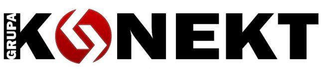 Logo firmy GRUPA KONEKT z czerwonym okręgiem zawierającym białe strzałki, umieszczone obok nazwy firmy w kolorze czarnym.