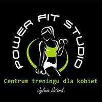 Logo Power Fit Studio: sylwetka kobiety ćwiczącej z hantlami, wpisana w okrąg z napisem 'Power Fit Studio', pod spodem tekst 'Centrum treningu dla kobiet Sylwia Sztark'.