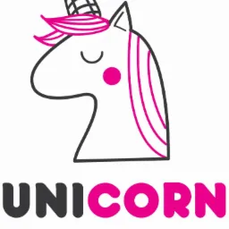 Minimalistyczny, wektorowy logo jednorożca w kolorach czarnym i różowym z napisem 'UNICORN cereal' poniżej, na białym tle.