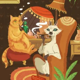Ilustracja przedstawiająca dwa antropomorficzne koty w bogato zdobionym wnętrzu: jeden siedzi na pufie paląc fajkę, drugi siedzi w fotelu z cygarem w pysku.