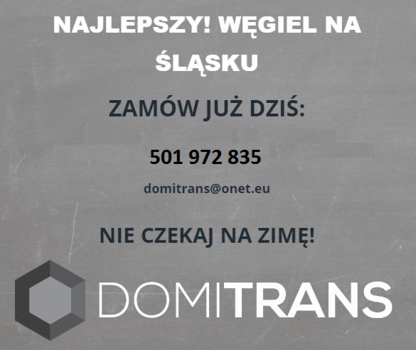 Reklama firmy Domitrans oferującej węgiel na Śląsku, z numerem telefonu i adresem e-mail.