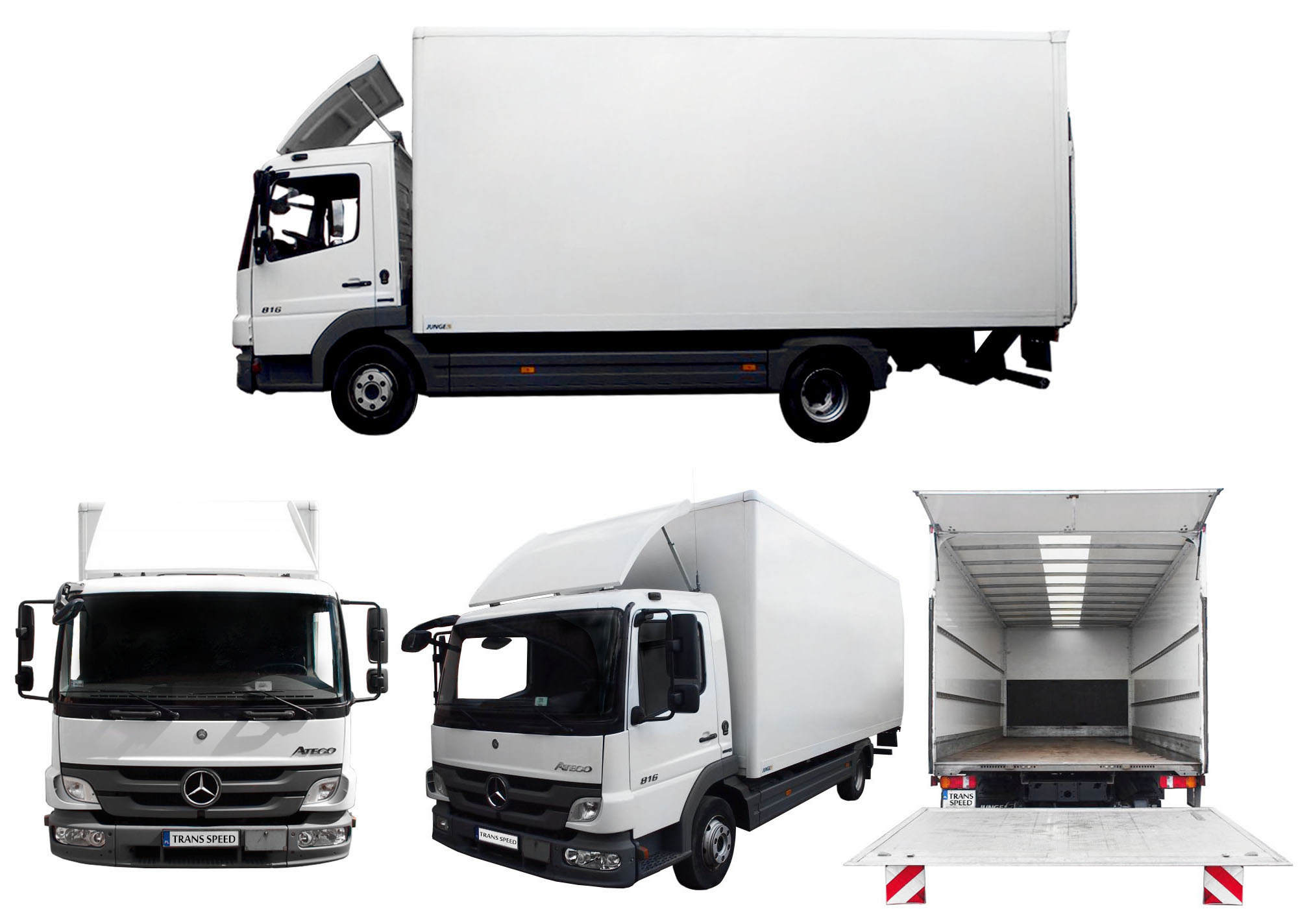 Zestaw trzech ujęć białego samochodu dostawczego Mercedes-Benz Atego 816 z zabudową kontenerową, przystosowanego do transportu mebli we Wrocławiu. Widok z boku, z przodu oraz otwarty kontener...
