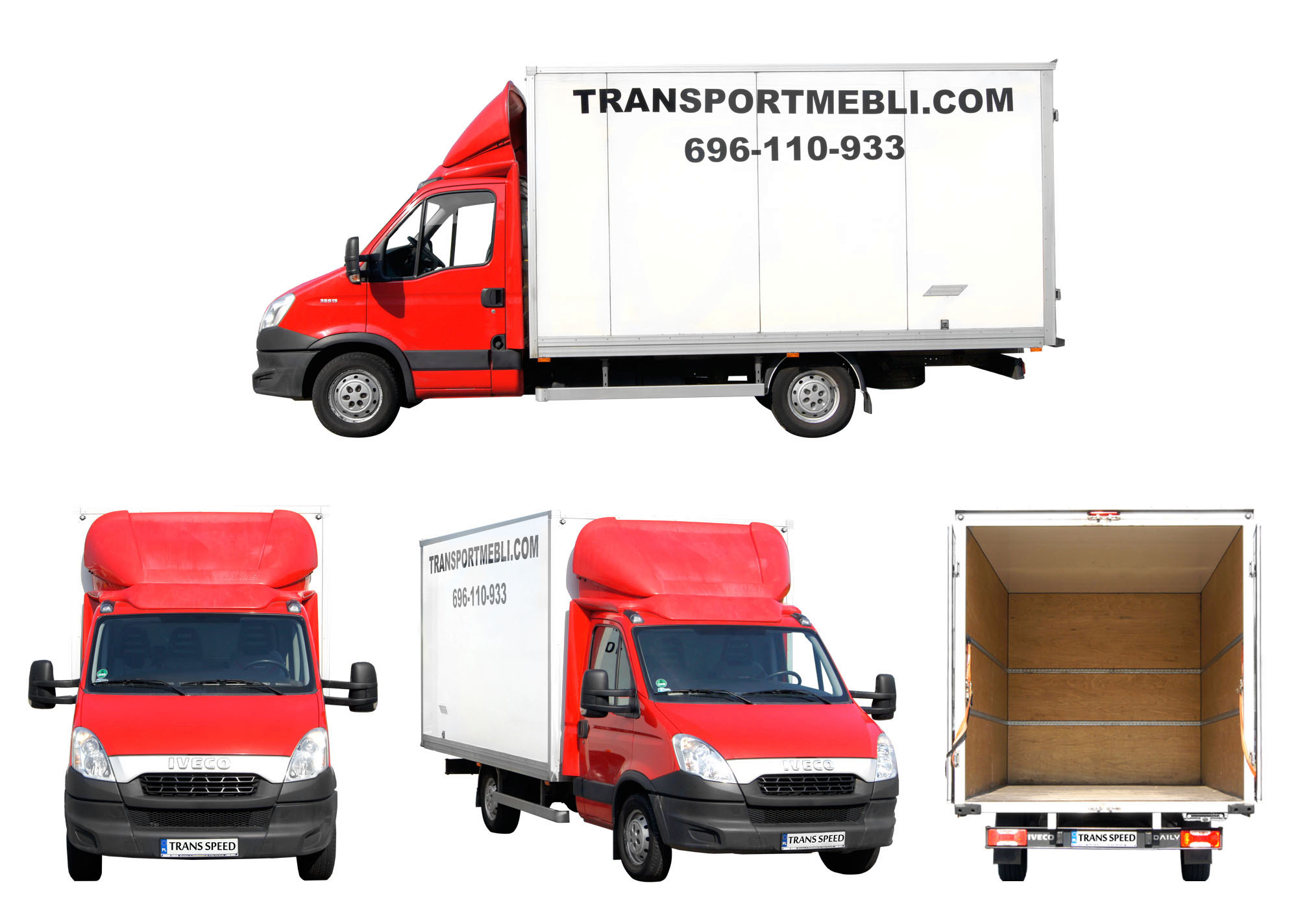 Czerwony samochód dostawczy Iveco z białą zabudową kontenerową, prezentowany z trzech różnych perspektyw: z boku, z przodu i z tyłu z otwartymi drzwiami, ukazującymi puste wnętrze kontenera...