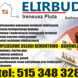 Baner reklamowy firmy Elirbud oferującej kompleksowe usługi remontowo-budowlane i elektryczne. Widoczne logo, zakres usług i numer telefonu.