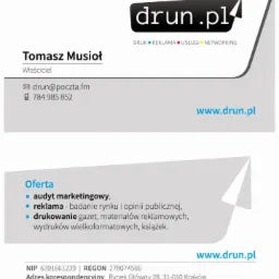 Wizytówka firmy drun.pl z danymi kontaktowymi właściciela, adresem e-mail, numerem telefonu oraz ofertą usług obejmującą audyt marketingowy, reklamę, drukowanie gazet, materiałów reklamowych...