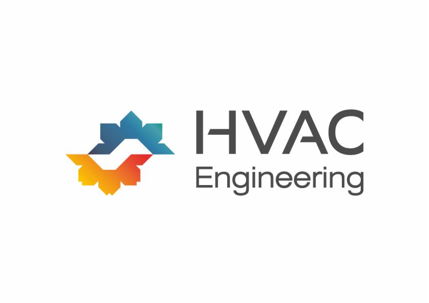 Logo firmy HVAC Engineering z abstrakcyjnym symbolem w kolorach gradientu od żółtego do niebieskiego.
