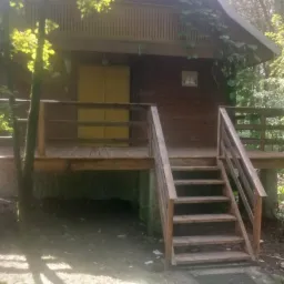 Drewniany domek z podwyższonym tarasem i schodami wejściowymi, otoczony zielenią, z żółtymi okiennicami i kamienną podmurówką.