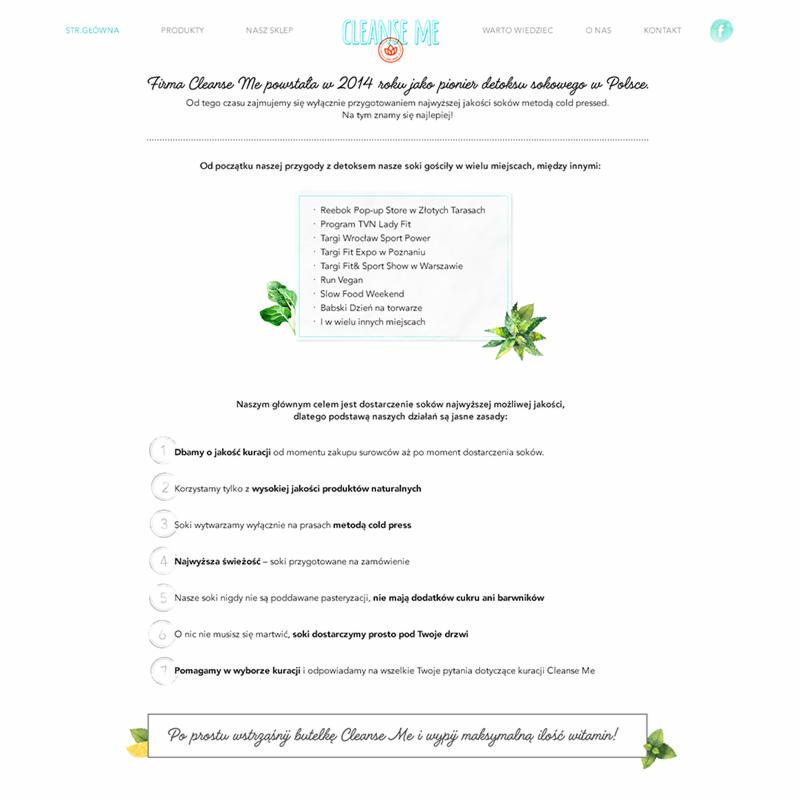 Projekt strony internetowej Cleansme z logo i tekstem informacyjnym o firmie, jej historii, metodach produkcji soków i miejscach, w których były prezentowane produkty.