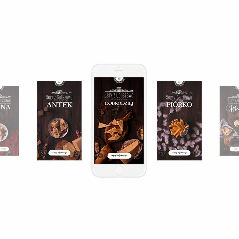 Prezentacja mobilna strony internetowej Sery z Goliszewa, pokazująca kilka podstron z różnymi rodzajami serów na tle drewnianych desek i dekoracji.