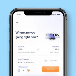 Ekran smartfona prezentujący interfejs aplikacji mobilnej do rezerwacji biletów kolejowych, z wyborem trasy Warszawa-Berlin i datą 10 stycznia 2022.