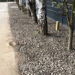 Anna Krawczyk P.U.H. Bartotex - Żwirowe utwardzenie terenu wzdłuż chodnika i ogrodzenia z żółtym budynkiem w tle. Widoczne drzewa, w tym brzoza. Kąt ujęcia z dołu, podkreślający fakturę żwiru.