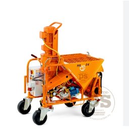 Pomarańczowa maszyna PFT G4 do tynków maszynowych na kółkach, widok z boku, oświetlenie studyjne, białe tło. Sprzęt budowlany Kubex.info.