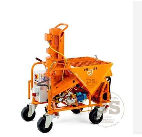 Pomarańczowa maszyna PFT G4 do tynków maszynowych na kółkach, widok z boku, oświetlenie studyjne, białe tło. Sprzęt budowlany Kubex.info.