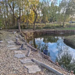 Oczko wodne z drewnianym brzegiem, kamienną ścieżką i drzewami w tle.