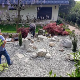Aranżacja ogrodu z użyciem kamieni i roślin ozdobnych; dwóch mężczyzn pracuje przy układaniu kamieni, w tle budynek mieszkalny i kwitnące drzewo.