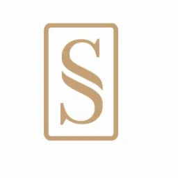 Beżowe logo w kształcie litery S, umieszczone w prostokątnej ramce, na białym tle.